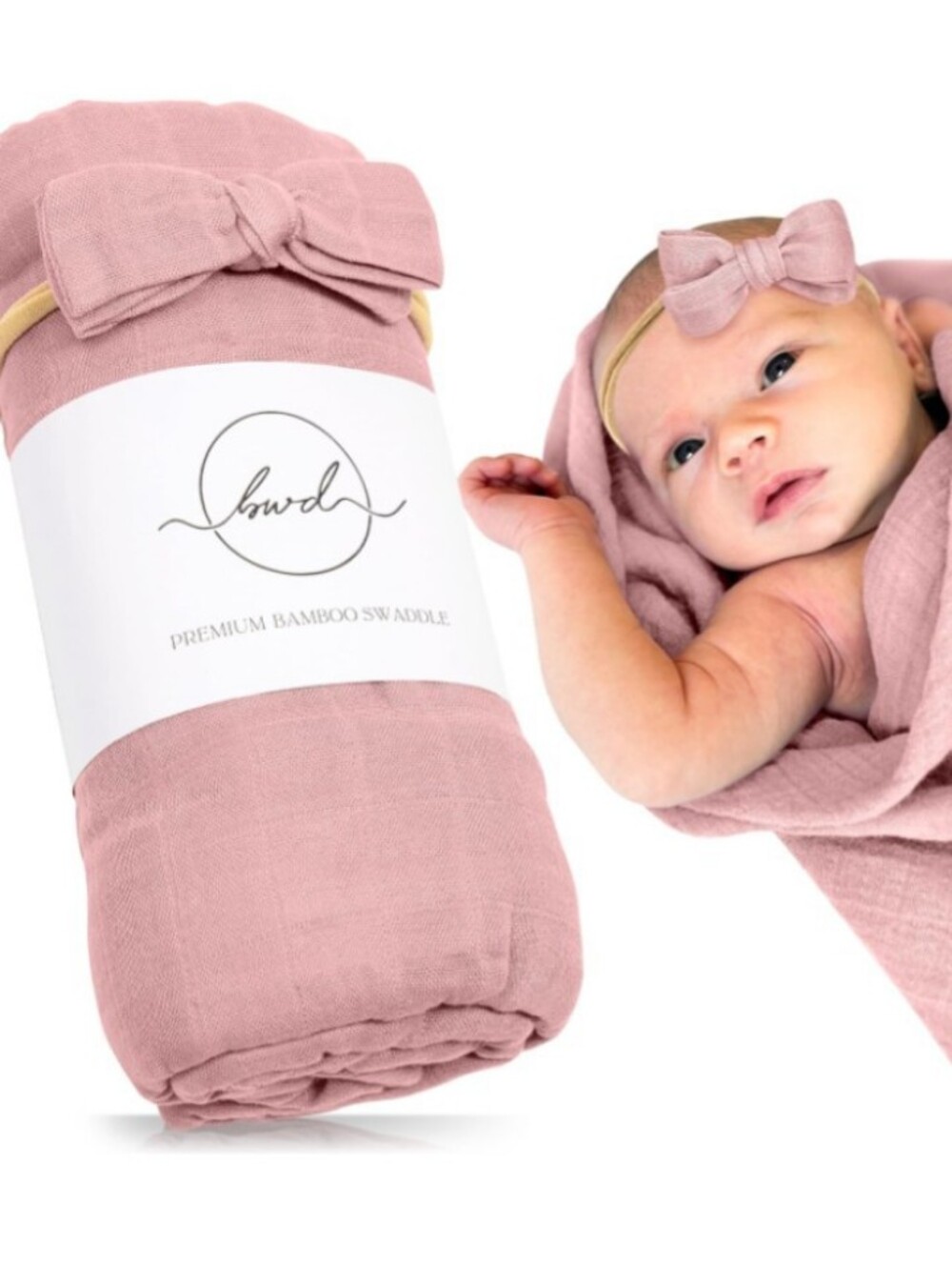 ❤️ Soft Pink Baby Swaddle + Bow Headband